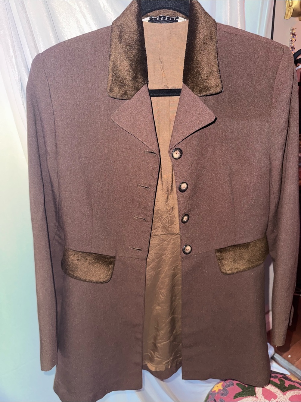 Classic Women's Dark Brown Blazer with Velvet Trim - Picture 3 of 10